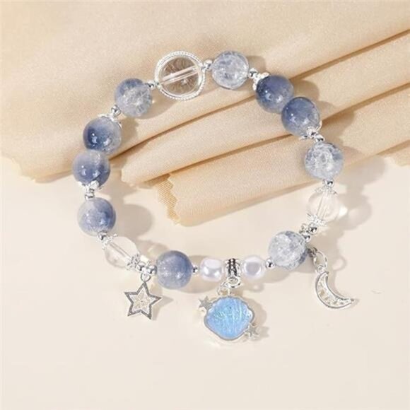 Shell Glass Crystal Bracelet with Star Moon Charms, - Picture 3 of 7